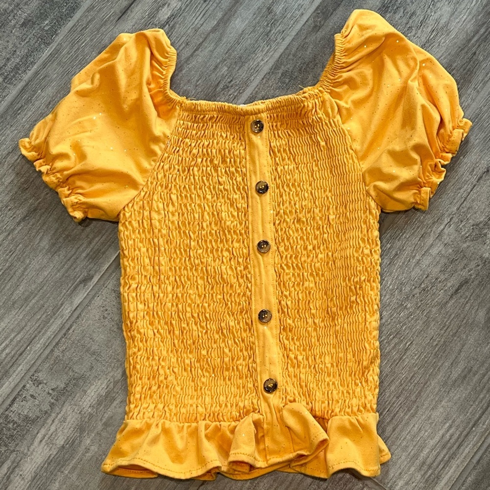 Btween Girls Smocked Top Puff Sleeve Button Front Ruffle‎ Hem Yellow Size Large